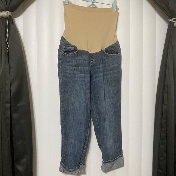 Denim - Indigo Blue Maternity Capri denim blue jeans.  Panel provides gentle back suppor